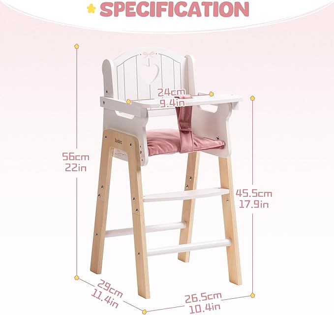 ROBUD Play High Chair, Pretend Play High Chair with Cushion, Movable Table, Wooden Baby Doll Accessories, Fits 18-20 Inch Dolls, White