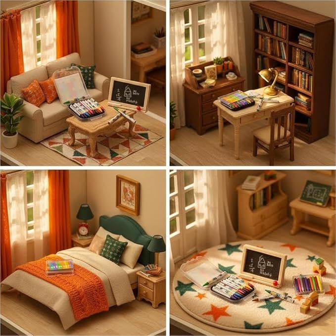Mini School Supplies Sets,112 Dollhouse Acessories Including 12 Pieces Crayon,Blackborad for Dollhouse Home Miniature Model DIY Decor Doll House Accessories Coloring House Play Set