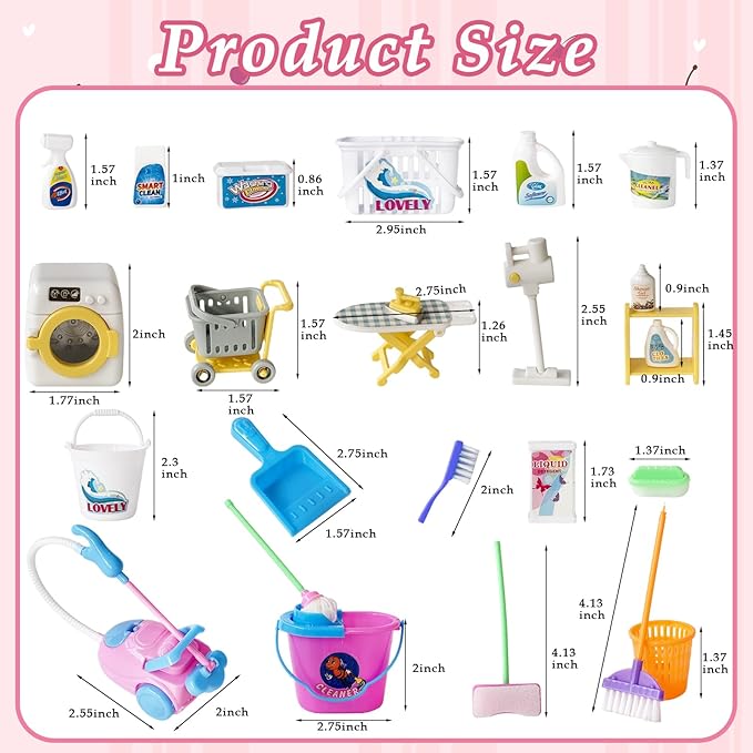 25 Pieces Miniature Doll Housework Cleaning Supplies,Mini Dollhouse Accessories Tools Mop Dustpan,Brush,Broom,Bucket,Dollhouse Furniture Decoration Accessories for Dolls Pretend Play,Random Color