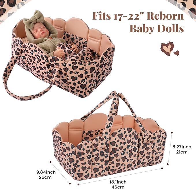 BABESIDE 3 Pcs Baby Doll Bassinet with Doll Bedding Set for 17-22 Inch Babydolls, Cute Heart Leopard Print Baby Dolls Crib with Pillow Blanket for Reborn Baby Doll Accessories, Brown