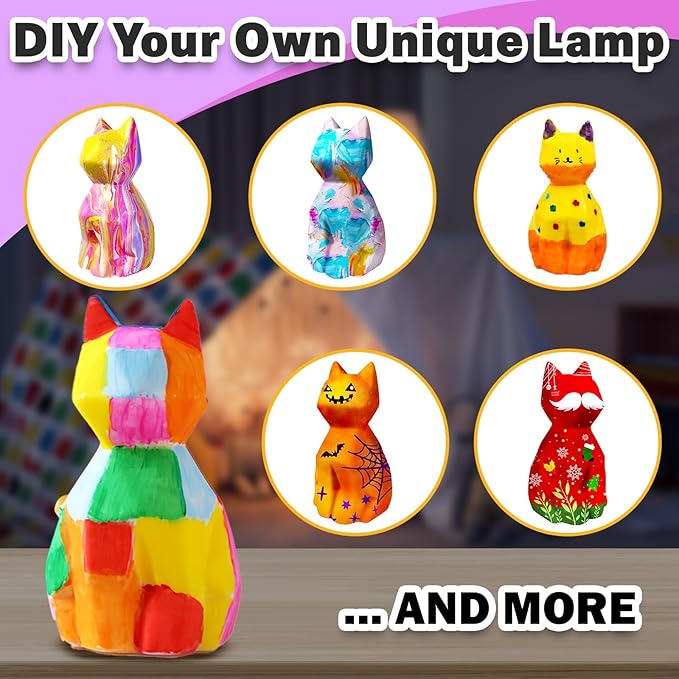 FUNZBO Paint Your Own Cat Lamp Kit - Easter Basket Stuffers, Arts and Crafts Supplies Kitten Painting for Kids Teens, DIY Night Light Toy for Girls Boys Age 3 4 5 6 7 8 9 10 11 12 13 Birthday Gifts