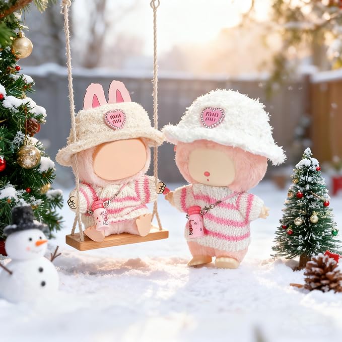 Doll Clothes for 17cm lububu, Designer Outfit Set with Hot Pink Hand-Crocheted Sweater , Hat & Mini Water Bottle Accessories,Cute Ropa Clothing for 15cm Have a Seat 2.0 Series Doll Girl Dress-Up