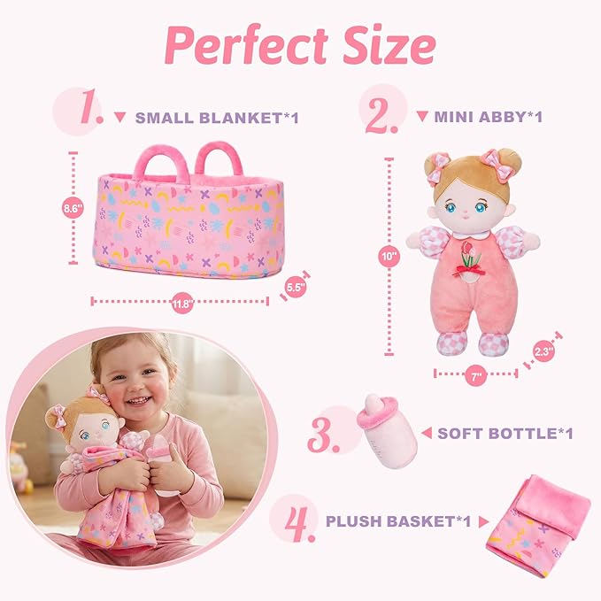 OUOZZZ Baby Doll Accessories with Soft Doll, Bassinet, Blanket and Bottle, Interactive Pretend Playset for Social Emotional Learning, Perfect Birthday Toy & Gift for 2 Year Old Girls