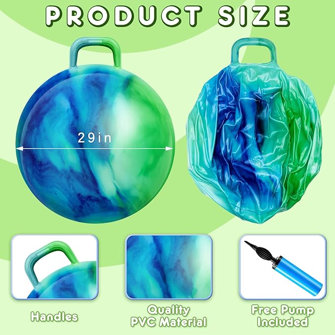 Lewtemi Hopper Ball for Adults, 29 Inch Bouncing Hippity Ball with Handle Rubber Hop, Jumping Hopping Exercise with Air Pump for Outdoors Sports Games Exercise (Blue Green Cloud)