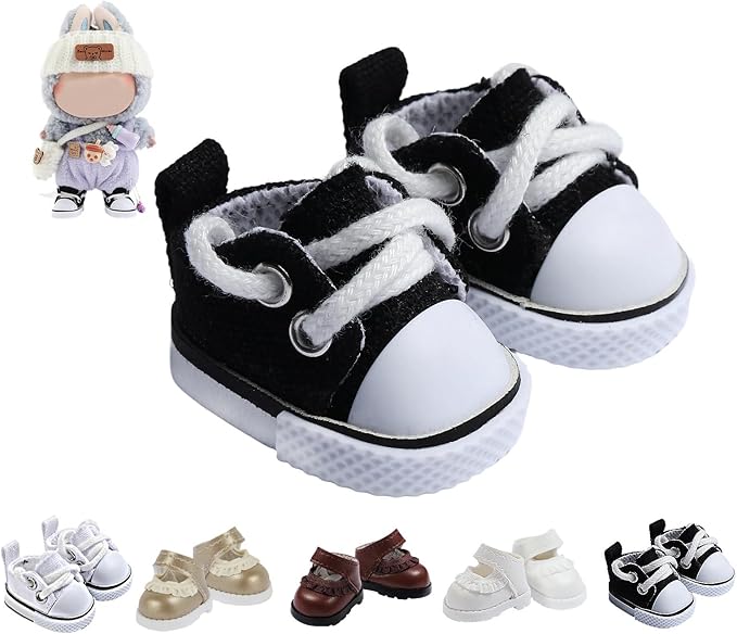 Premium Doll Shoes for Lububu, Cute Doll Shoes for 4-7in Dolls, Ideal for Lububu Outfits(Black Canvas)