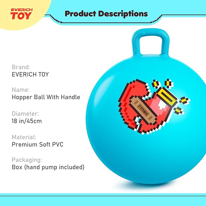 EVERICH TOY Hopper Ball for Kids, 18In Ride On Bouncy Ball with Handle, Blue Heart Girls Toys for Indoor Outdoor Active Play Toys Easter Basket Stuffers Girls Boys Gifts for 4 5 6 7 8 Yr Old