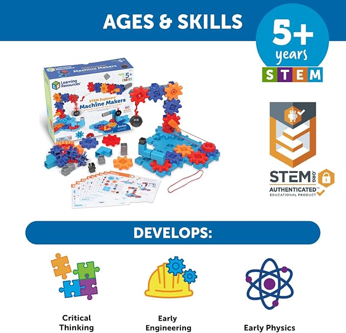 Learning Resources STEM Explorers Machine Makers - 60 Pieces, Ages 5+, Building Montessori Toys, Engineering Activities, Fine Motor Skills