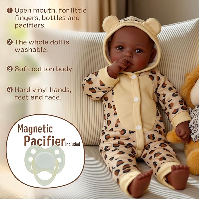 BABESIDE Adorable Lifelike Black Baby Doll - 17" Handmade Realistic African American Baby Dolls with Premium Outfit & Accessories Pretend Play Gift for Kids Age 3+