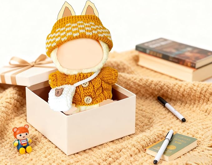 17cm Doll Clothes Set for Lububu, Designer Hand-Crocheted Yellow Sweater Outfit with Hat & Crossbody Bag Accessories,Cute Clothing for 15cm Have a Seat Series Dolls Dress -Up Display
