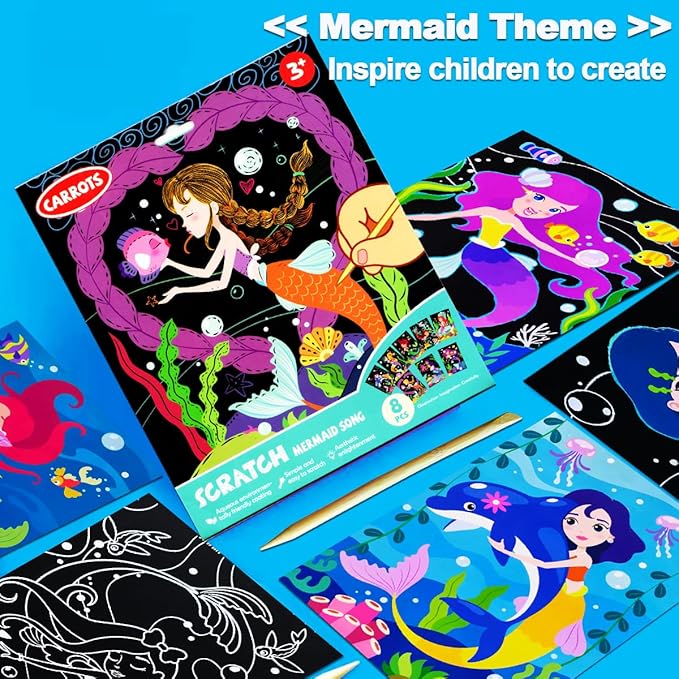 JUNQIU Scratch Art for Kids, Mermaid Black Rainbow Scratch Art Paper Set-Arts and Crafts Kits & Supplies, Mermaid Toys Gifts for Toddlers Girls Birthday Christmas
