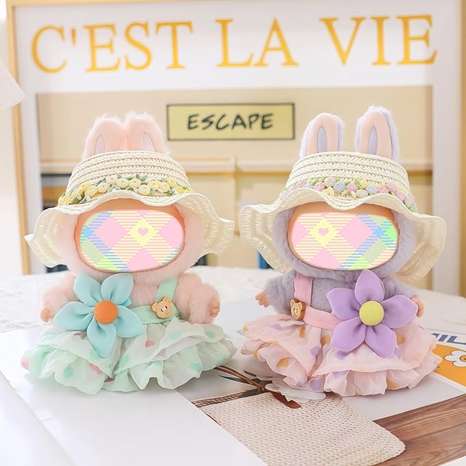 Clothes for Lu bubu 17cm Dolls Accessories (No Doll), Kawaii Hat Skirt Outfit Set 3 Pieces for 17cm Dolls Suit, Stylish Flower Doll Hat Clothing Set Replacement Pink