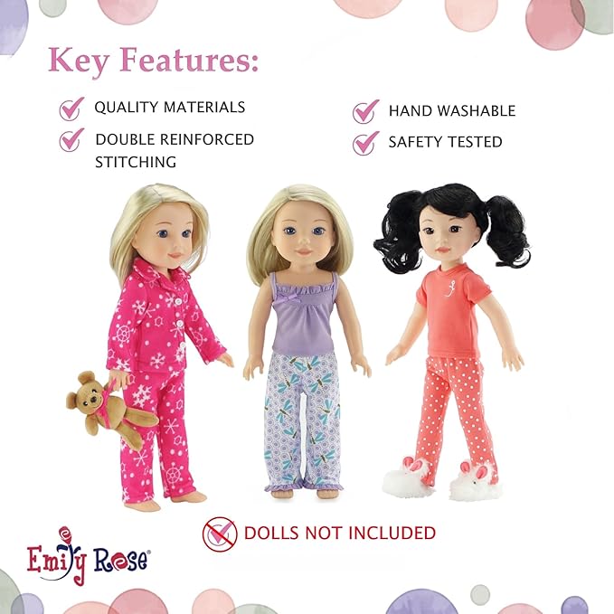 Emily Rose 14 & 14.5 Inch Doll 8-Piece Pajama Bundle | Seasonal PJs Gift Set with Teddy Bear and Bunny Slippers | USA Brand 14” Doll Pajamas | Fits Wellie Wishers Glitter Girls Hearts for Hearts Dolls