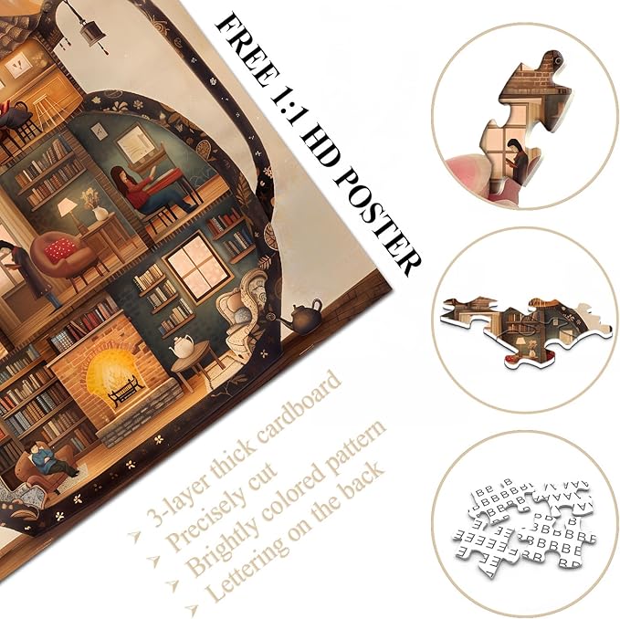 Teapot Library Puzzles for Adults 1000 Pieces, PICKFORU Vintage Bookshelf Book Puzzles Room Art, Difficult Unique Reading Room Scene Theme