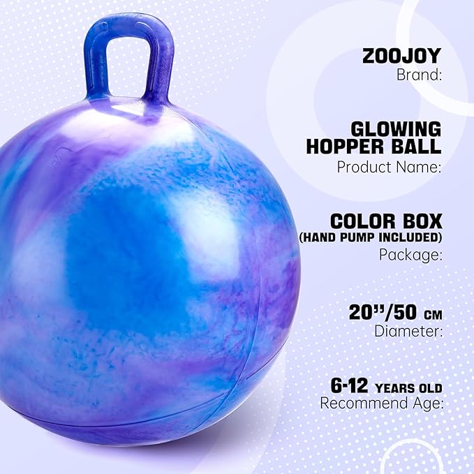 ZOOJOY Glow-in-The-Dark Light Up Hopper Ball for Kids, 20 Inch Bouncy Ball with Handle, Inflatable Night Glow Jumping Toy for Boys and Girls Aged 6-12, Indoor & Outdoor Play, Includes Pump