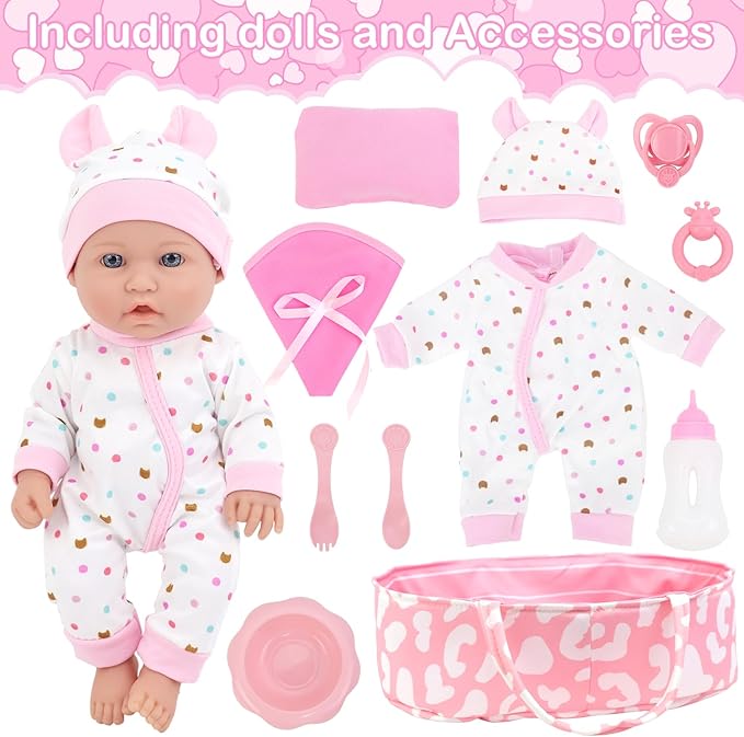 ZITA ELEMENT 12 Inch Baby Doll with Accessories for Baby Doll Reborn Includes Carrier Bassinet Bed, Pacifier, Blanket, Pillow, Feeding Set, New Born Doll Playset for Toddlers 3 Ages and Up