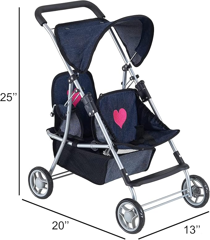 The New York Doll Collection First Twin Stroller - Cutest Heart Design Baby Strollers Great Toy Gift for Toddlers and Girls (Denim) Blue,pink