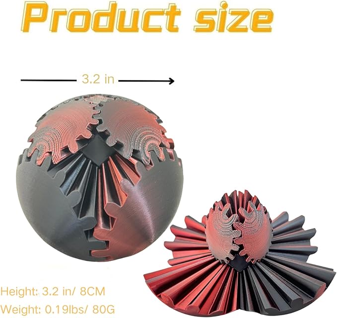 Gear Ball 3D Printed Spin Ball Cube Fidget Toys, Gear Sphere Fidget Toy, GearSphere Desk Toy Stress Fidget Balls, Fidgets Spinners for Adults & Kids Anxiety Relaxing (Laser Dark Red, 3.1 Inch)