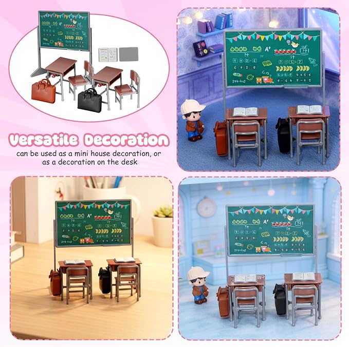 TOYANDONA 13pcs Miniature School Supplies - Doll School Supplies Mini Dollhouse Accessories Include Desk Chair Set Doll Schoolbag Blackboard Book for Miniature Classroom Furniture