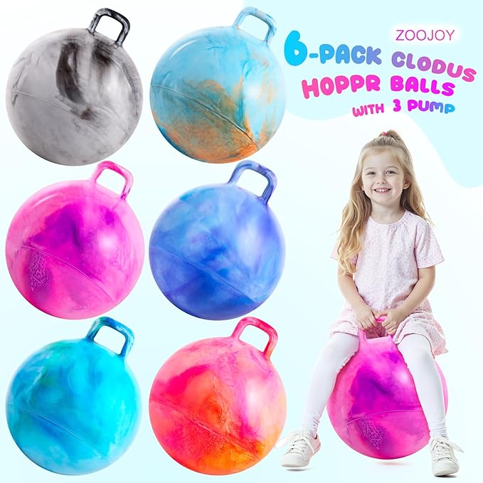 ZOOJOY 6pcs Hopper Balls for Kids 3-8, 18in Clouds Bouncy Ball with Handle, Sit on Hopping Toys for Sport/School/Team Indoor Outdoor Play Toys, Easter Basket Stuffers Gifts for Girls Boys 3 4 5 6 7 8
