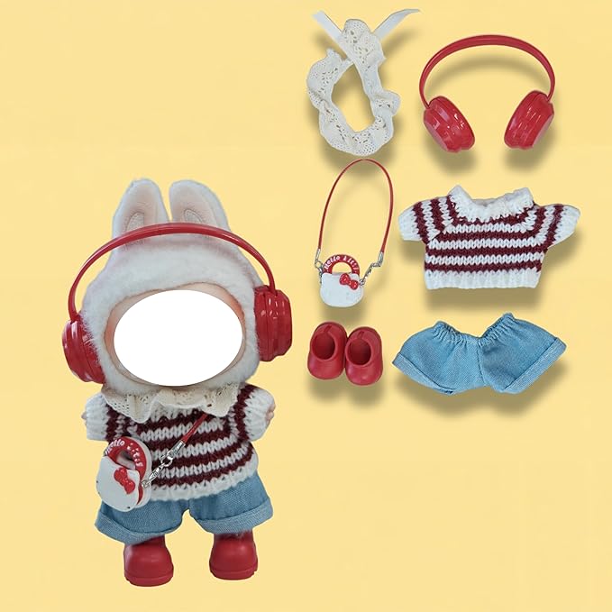 Clothes for 17cm Doll, 6 pcs Set Doll's Outfits Luxury Dress Sweater Jeans Headset Shoes Bag Accessories Fashion Stylish Adorable Dolls Clothes (No Doll) (Striped Red)