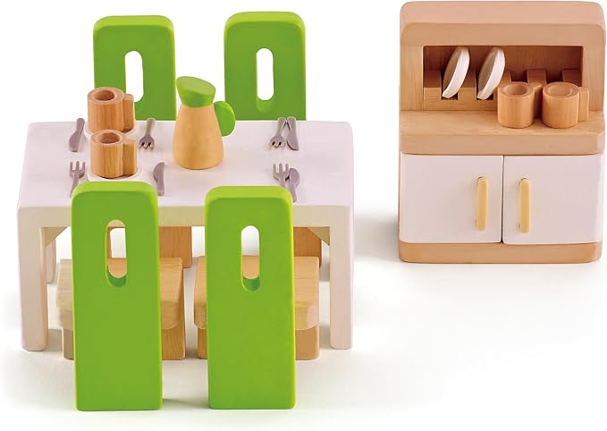 Hape Wooden Doll House Furniture Dining Room Set with Accessories| 1:12 Scales Miniature Dollhouse Furniture