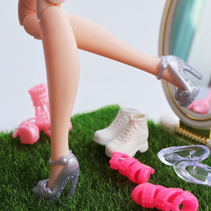 70PCS Doll Accessories 50 Pairs Doll Shoes 10 Handbags 10 Doll Glasses Replacement Fashion Playset Accessories Different Assorted Colors High Heel Boots Sandals for 11.5 Inch Girl Dolls