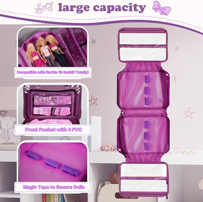 Carrying Case Compatible with Barbie Dolls 12-Inch, Storage Organizer with Handle Holds up to 6 Dolls,Multiple Pockets for Accessories,Toy Storage Box, lavender,Bag Only (purple)