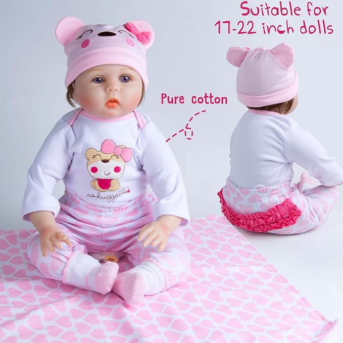PEDOLLTREE Reborn Baby Dolls Clothes Girl Outfit Accessories Pink Little Bear 12 Pcs for 17-22 Inch Reborn Doll Newborn with Pink Heart Bassinet
