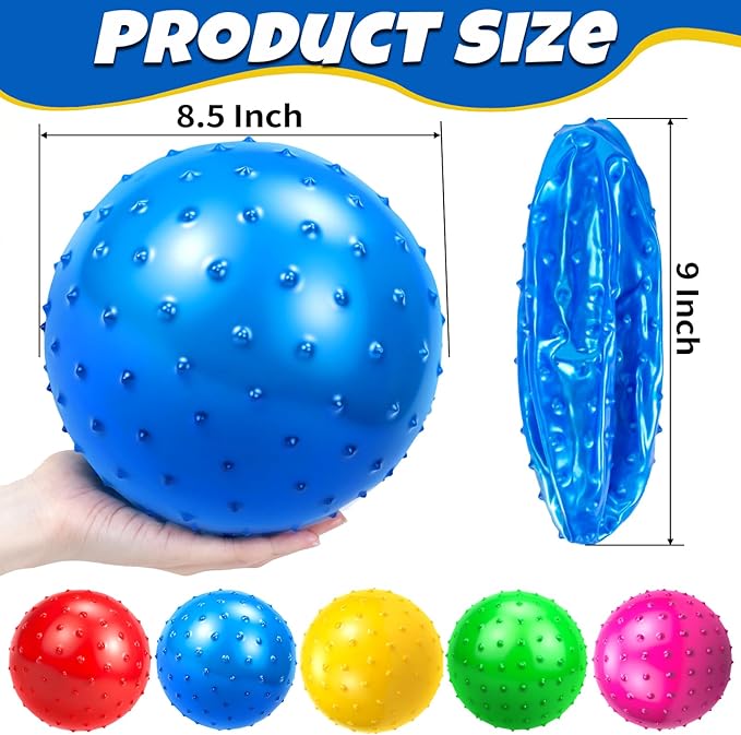 Hymaz Knobby Balls Bulk 9" Soft Bouncy Ball Sensory Toys Spiky Massage Stress Ball, Set of 5 Sensory Balls with Pump, Party Favors Stocking Stuffers Beach Games for Kids Toddlers