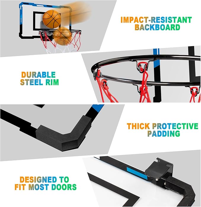 Basketball Hoop Indoor for Kids Adults with Scorer with 2 Scoring Methods, Door Room Basketball Mini Hoop with 3 Batteries and Balls, Basketball Accessories for Teen Boy Gifts, Blue