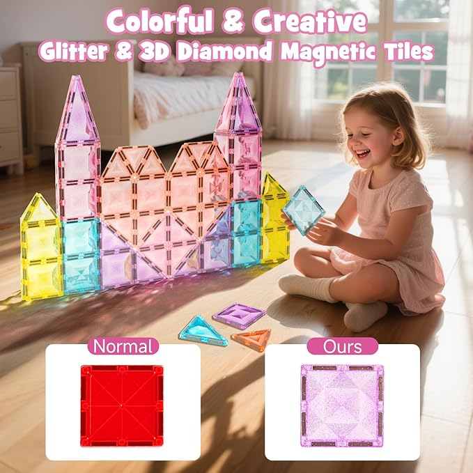 Large Pastel Magnetic Tiles - 48 Pcs Macaron-Colored Glitter Magnetic Blocks with Travel Metal Storage Box - Diamond STEM Toys for Girls Ages 3-8 - Portable Sensory Building Set for Kids