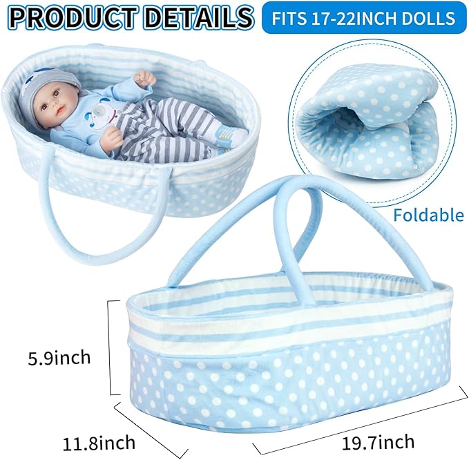 Reborn Baby Dolls Bassinet Blue Crib Bed Soft Toddler Doll Carrier for 18-24 Inch Baby Doll Accessories Baskets with Handle (Blue)