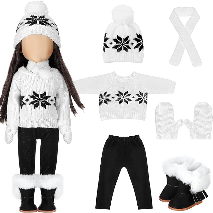 Bencailor 6 Pcs 18 Inch Christmas Doll Clothes and Accessories Winter Outfits Set Sweaters Trousers Hats Shoes Gloves for 18 Inch Doll Gifts(White)