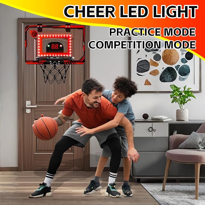 Mini Basketball Hoop Indoor, Over The Door Basketball Hoops with Led Lighting, Mini Hoop with Electronic Scoreboard & 3 Balls, Outdoor, Red, Sports Toys Gifts for 6 7 8 9 10 11 12+ Year Old Boys