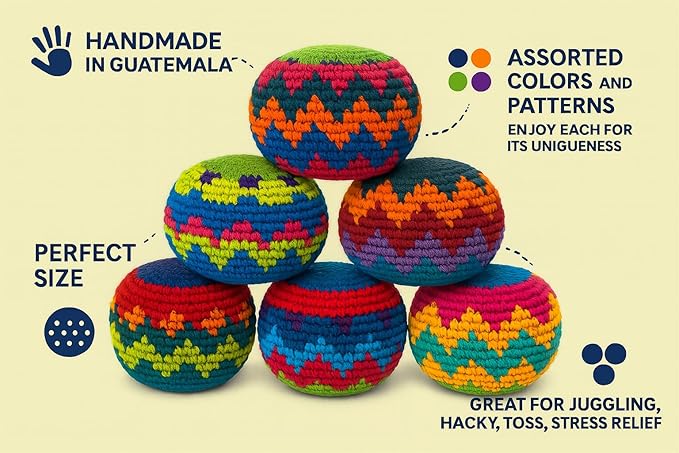 Funny Guy Mugs Hacky Kick Ball Sacks, Multicolored Crochet Assorted Geometric Pattern Hacky Ball, Foot Bag Kick Sack, Indoor and Outdoor Toys for Kids and Adults, Set of 6