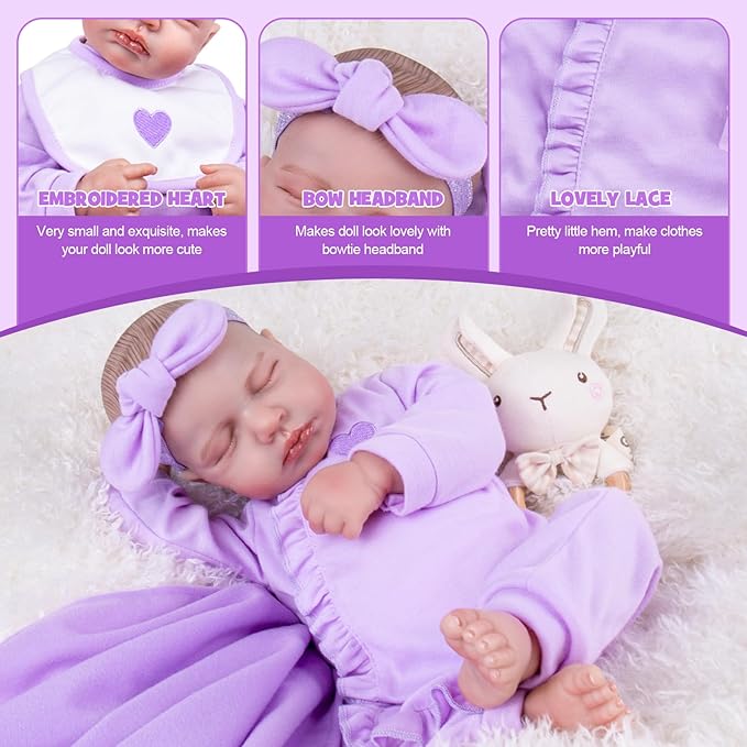 Aori 7 Pcs Reborn Baby Dolls Clothes with Bassinet for 17-22 Inch Baby Doll, Purple Carrier Bed and Baby Doll Clothes Accessories fit Newborn Girl Doll
