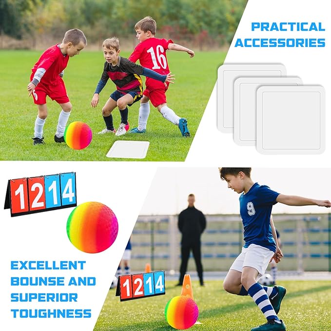 Huaerle 18 Pcs Sports Kickball Set Includes 2 Playground Ball with Air Pump 4 Rubber Throw Down Bases 10 Foul Line Cones and a Flip Scoreboard for Boys Girls Adults Playground School Backyard
