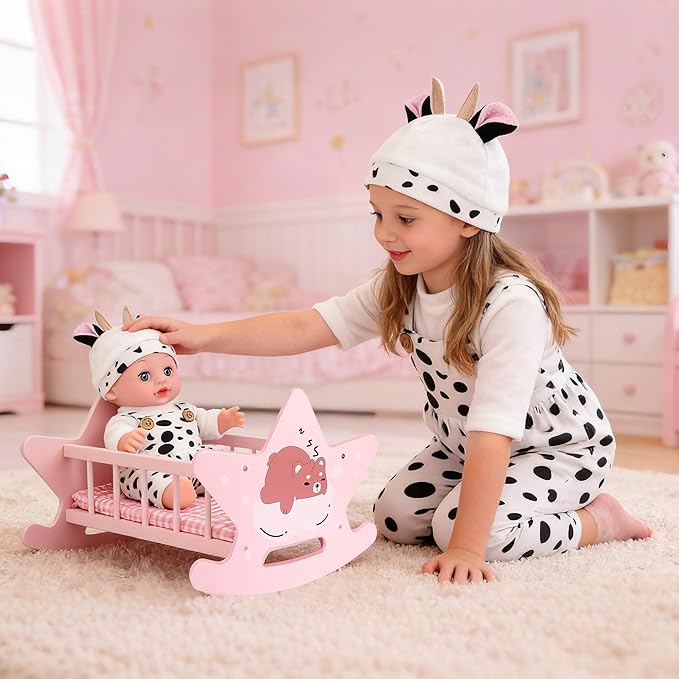 Offelec Wooden Baby Doll Crib Set, Pink Baby Doll Bed Toys, Rocking Baby Doll Cradle Accessories, Play Cradle for Dolls, Doll Furniture Accessories,Gift for Boys Girls Kids, Ages 3+