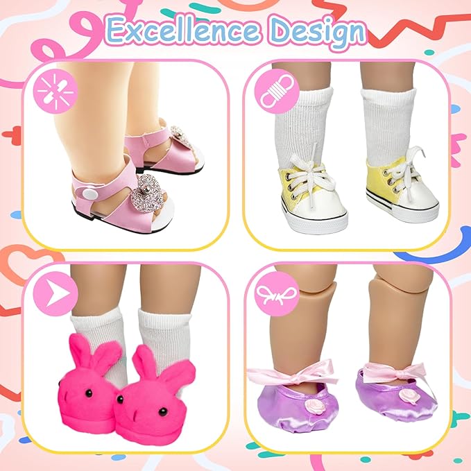 18 Inch Doll Shoes 7 Pairs of Doll Shoes 2 Socks 18 inch Doll Accessories Includes Sandals Ballet Flats Sequin/Sports/Princess/Bunny Shoes for 30-45 cm Doll Girls Boy Birthday Present
