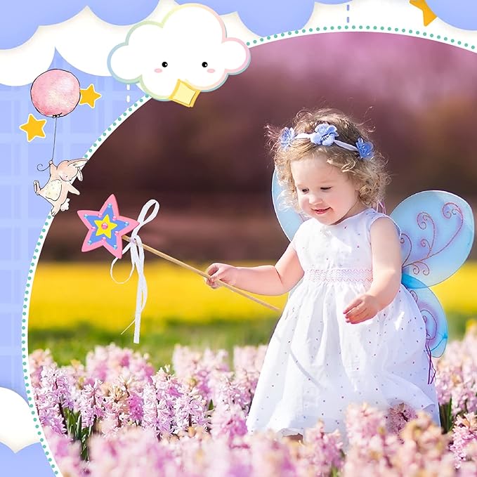 Chinco 57 Pcs Star Princess Fairy Wands Kit Make Your Own Princess DIY Art Craft Magical Wand Include 18 Star Wooden Fairy 9 Gem Stickers 20 Ribbons 10 Markers Party Supply