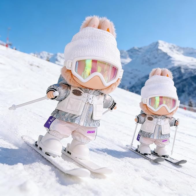 17cm Doll Clothes and Accessories Set for Lububu- Winter Snow Sports-Themed Ski Outfits with Mini Hat, Jacket, Pants, Poles, Goggles & Skiing, Designer Clothing for Big Into Energy Doll(White)