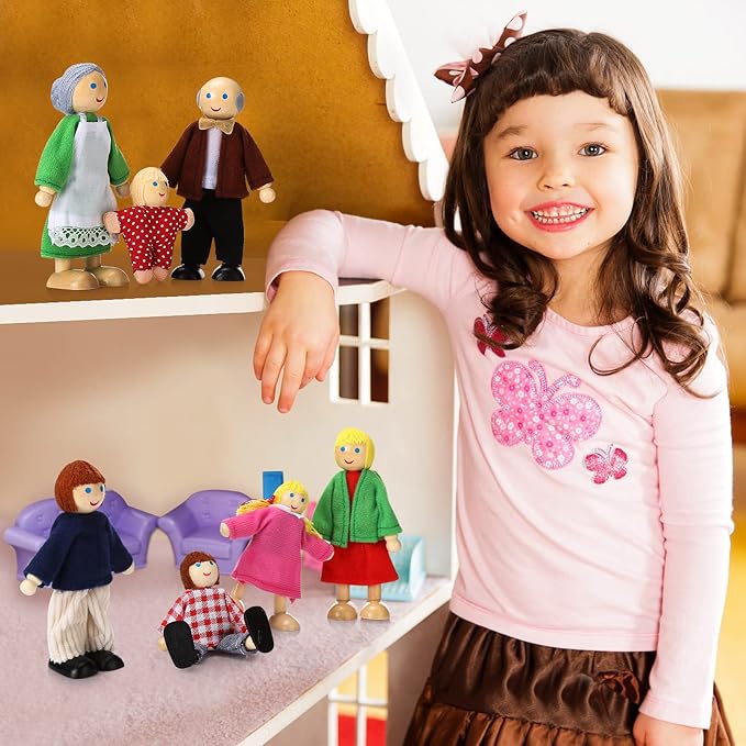 Jzszera Wooden Dollhouse Family Set of 7, Mini Figures for Pretend Play, Classic Doll House Accessories for Kids & Toddlers