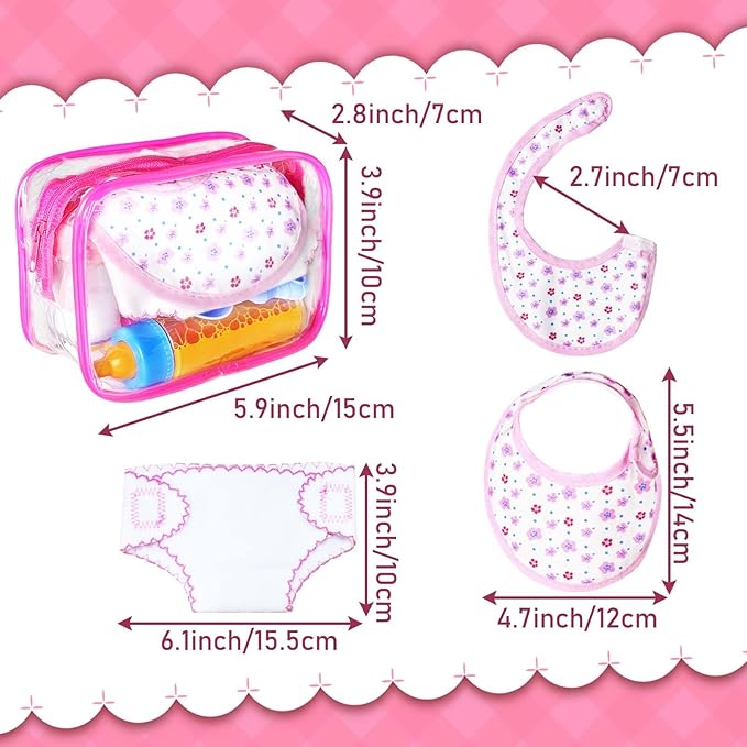 15Pcs Baby Doll Accessories Magic Bottle Set,Pretend Play Feeding Toy with Juice Milk Bottles,Sippy Cups,Pacifiers,Bowl Spoons,Bib,Diaper,Dolls Feeding Kit for Kids Girls,Party,Gift