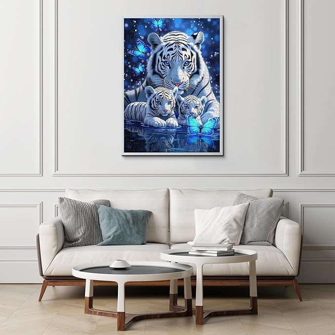 White Tiger Puzzles for Adults 1000 Pieces, Blue Butterfly Nature Jigsaw Puzzle, Challenging Wildlife Animal Art Puzzle, Beautiful Tiger Family Puzzle for Home Wall Decor