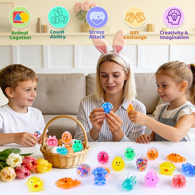 LEEHUR 24Pcs Prefilled Easter Eggs with Animal Mochi Squishy Stress Relief , Colorful Easter Fidget Toys Great for Adult Easter Basket Stuffers Egg Fillers Party Favors