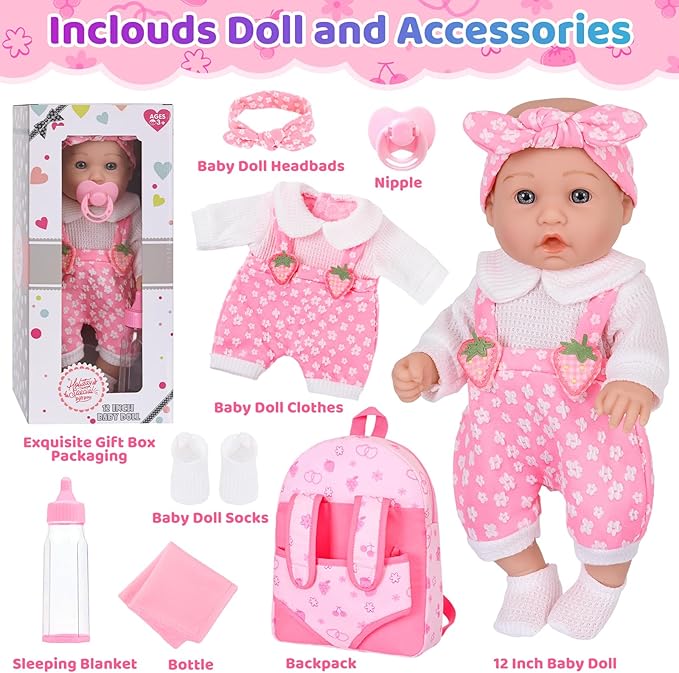 DONTNO 12" Baby Doll with Backpack Carrier in Gift Box,12 Inch Realistic Baby Dolls with Clothes and Accessories,Toy Pretend Play Collection for 3+ Child Girls Gifts