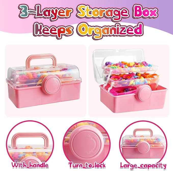 FUNZBO 850pcs Pop Beads - Jewelry Making Kit for 3 4 5 6 7 8 Year Old Little Girls, Arts and Crafts Toys for Kids, Necklace Bracelet Ring Hairband Creativity Snap Set, Easter Birthday Gifts for Kids