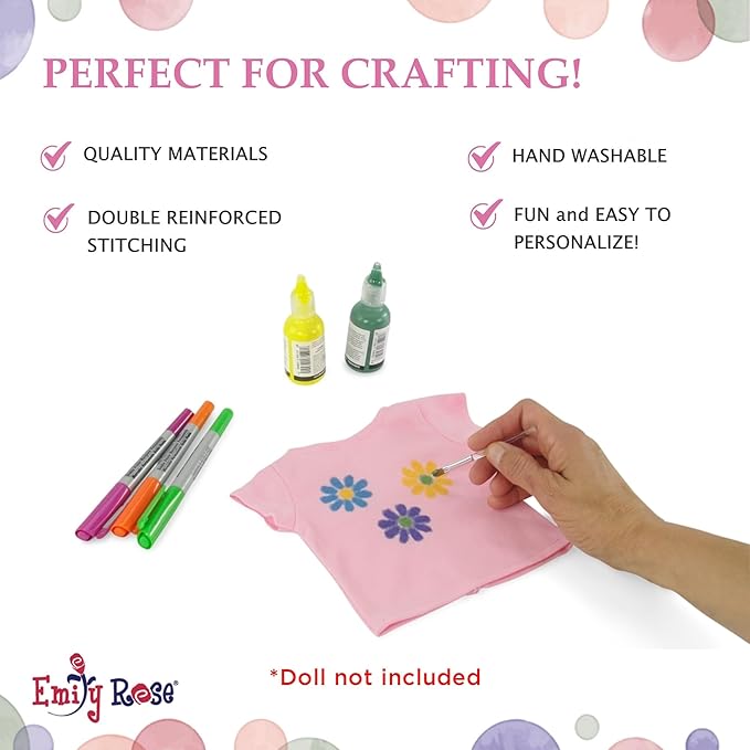 Emily Rose 18-Inch Doll Clothes 5-Pack Pastel T-Shirts - DIY Craft Kit with Pink, Blue, Green, Yellow & Purple Tees Boxed USA Brand