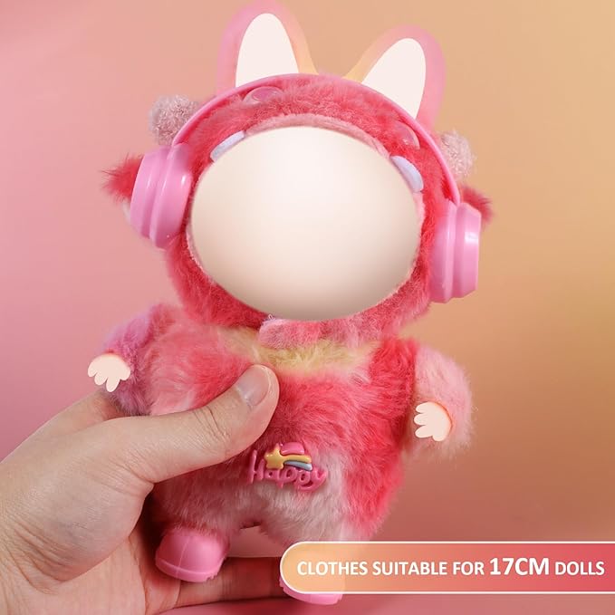 17cm Doll Clothes Set for Labubu Dress Up,Cute Outfit ,4 Piece Hat Overalls Headphones Shoes Dolls Clothing Accessories(NO Doll) (Red)
