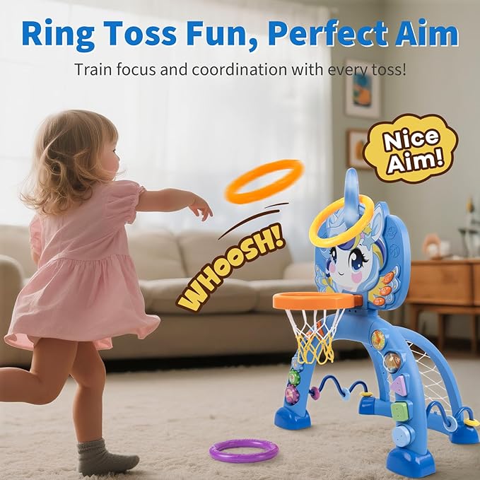 Unicorn Sports Play Set for Toddlers – Blue Basketball Hoop & Soccer Goal with Ring Toss | Indoor Outdoor Activity Center Toy for 1-3 Year Old Boys Girls | Birthday Gift Idea